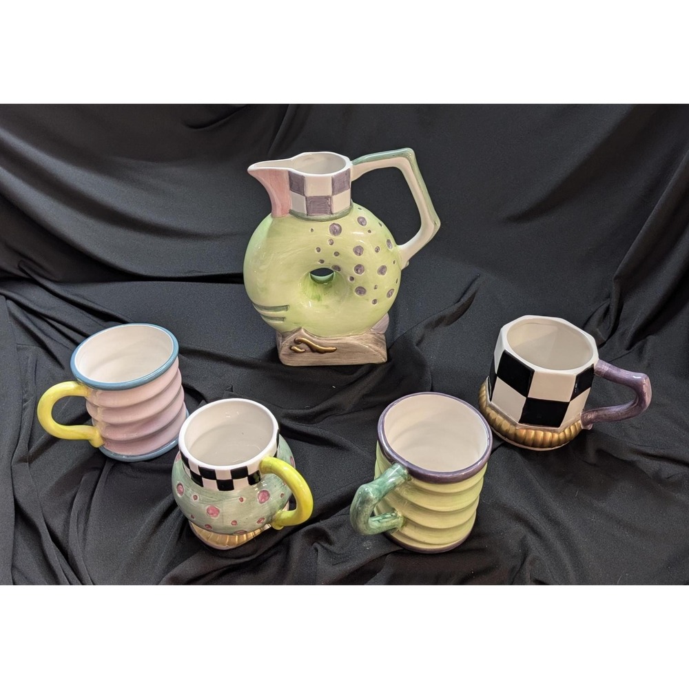 Vintage 1998 CBK Ltd Ceramic Whimsical Tea Set 5 Piece Postmodern Memphis Style